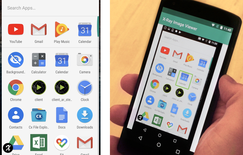 On the left: a screenshot of Android App Drawer taken using X-Ray. On the right: a user holding the phone showing the same screenshot in X-Ray image viewer. Talk back cursor is visible.