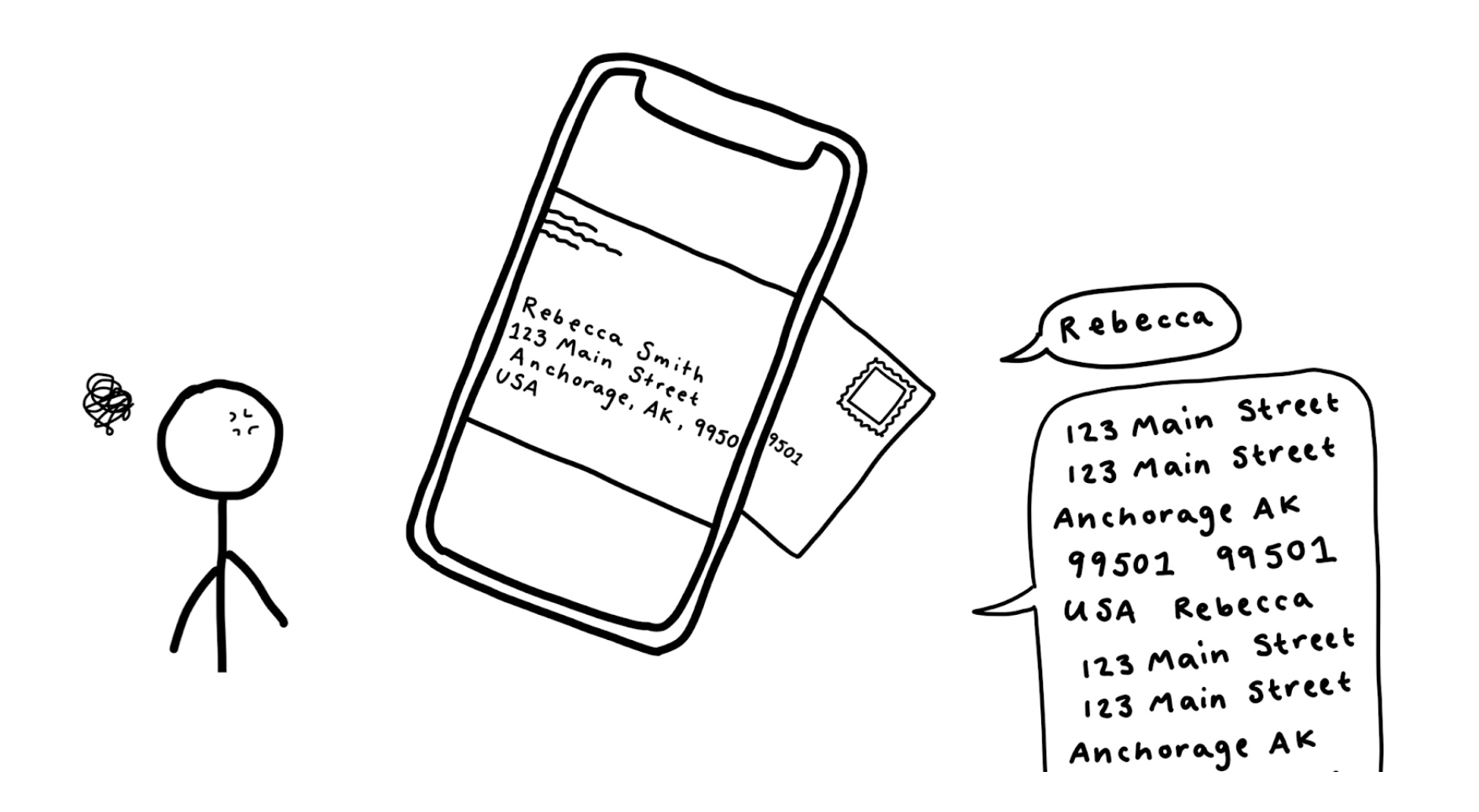 AI-based assistive technologies tend to assume 'universal' needs of BVI people and are thus one-size-fits-all, rather than accounting for unique differences and desires. This figure shows an example where a blind user uses Seeing AI to read a letter and trying to find out about the sender name Rebecca. However, it'll read many other unnecessary and distracting details.